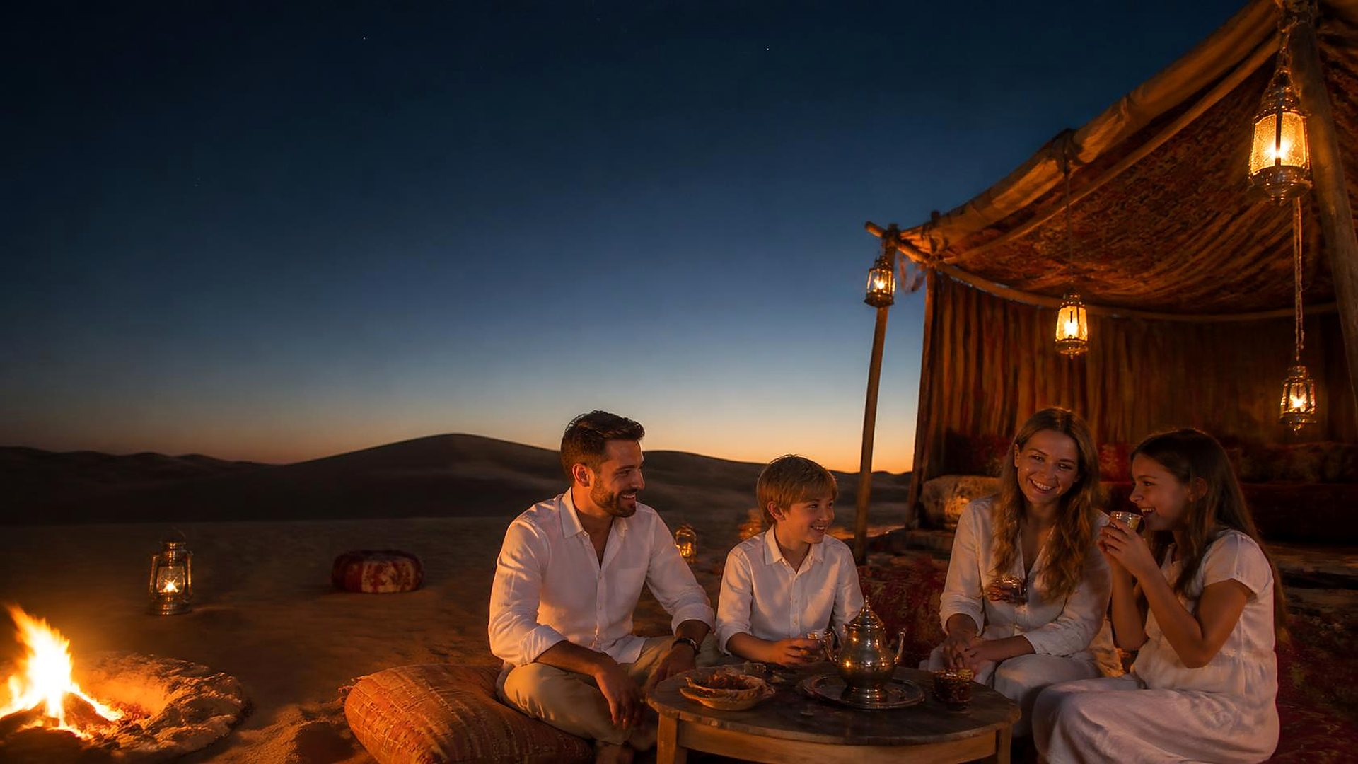 Family drinking tea by lantern light at a desert camp