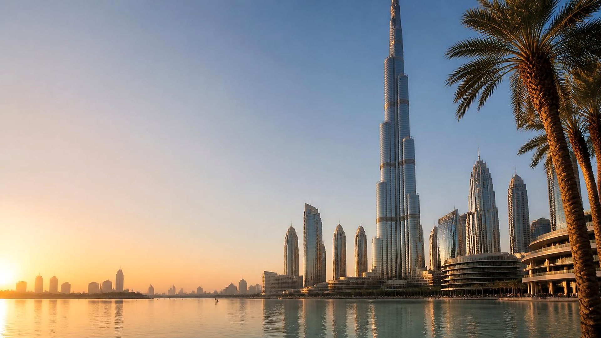 Burj Khalifa and Downtown Dubai reflected in the water at sunrise