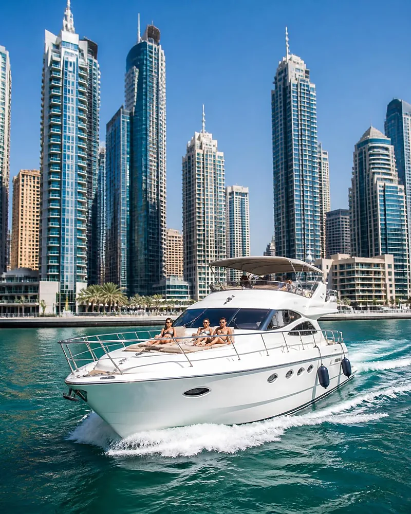 Yacht cruising past the Dubai Marina towers