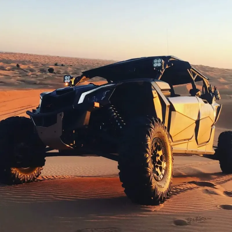 Black dune buggy on a dune at sunset