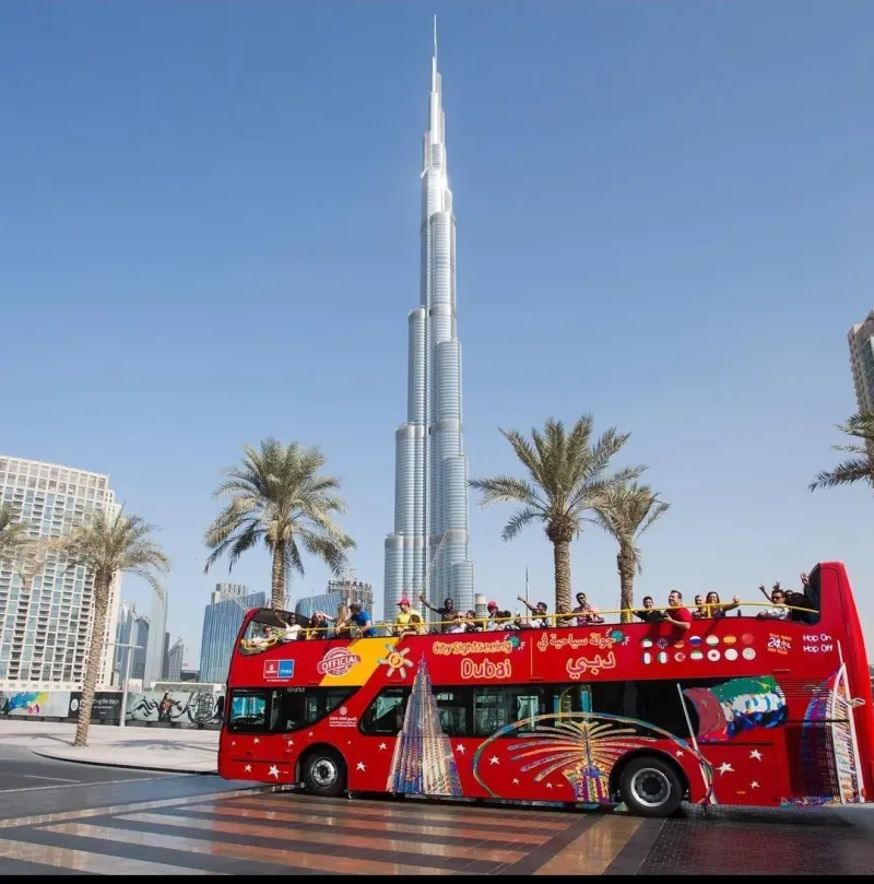 City Sightseeing bus below the Burj Khalifa