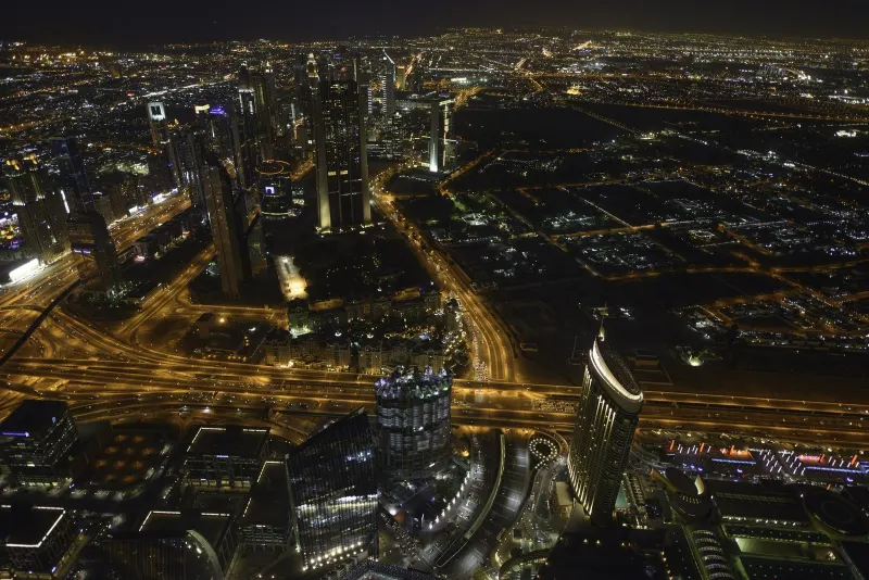 Downtown Dubai at night seen from At the Top, Burj Khalifa