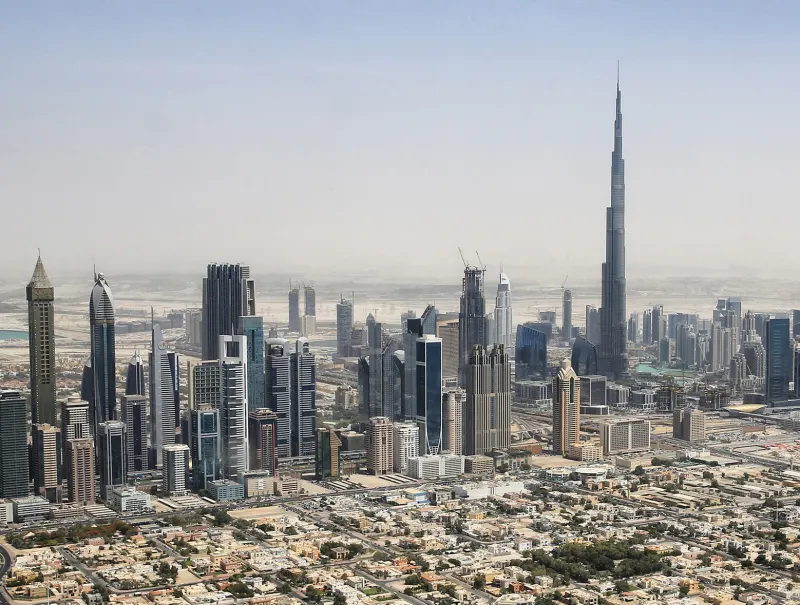 Burj Khalifa and Downtown Dubai seen from a helicopter
