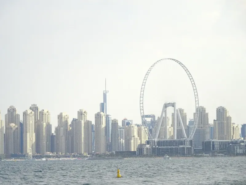 Ain Dubai on Bluewaters Island and the JBR towers seen from the sea