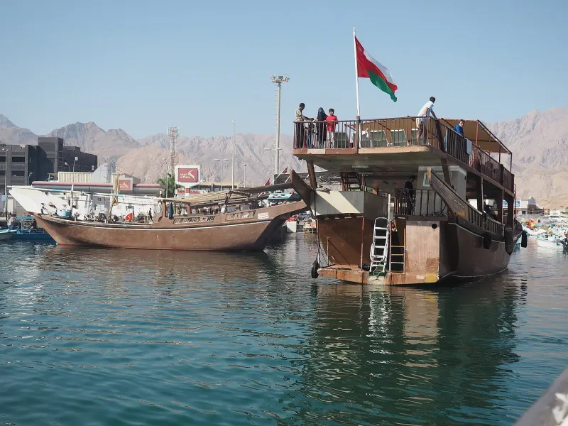 Tourist dhows moored in the harbour of Dibba, Musandam