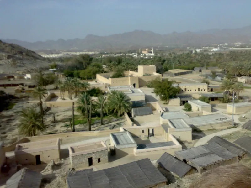 Mud-brick houses of the Hatta Heritage Village below the mountains