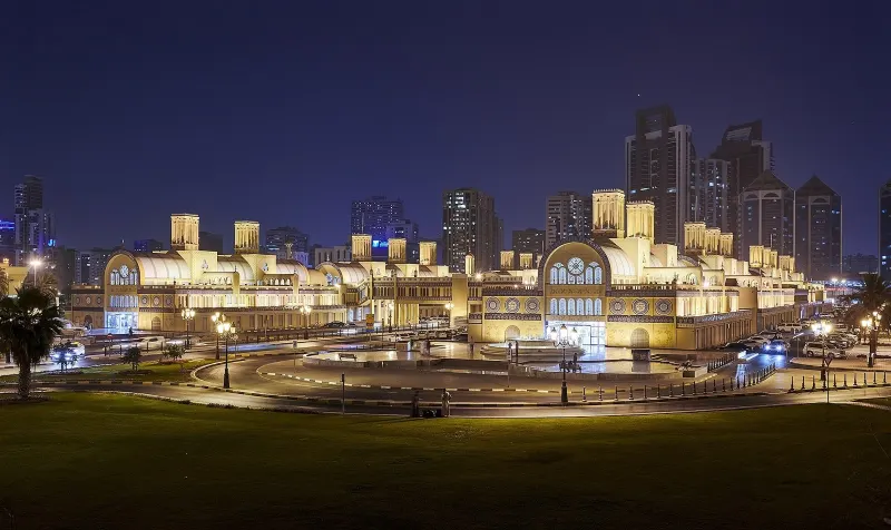 The Central Souk (Blue Souk) of Sharjah lit up at night