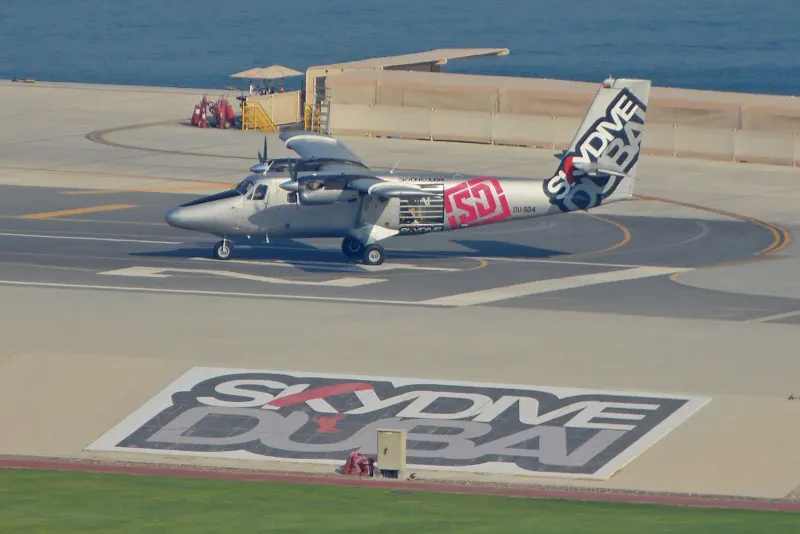 Skydive Dubai plane on the runway at the Palm drop zone
