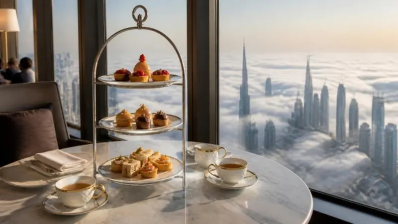 Illustration (generated image): an afternoon tea stand by a window high above a city