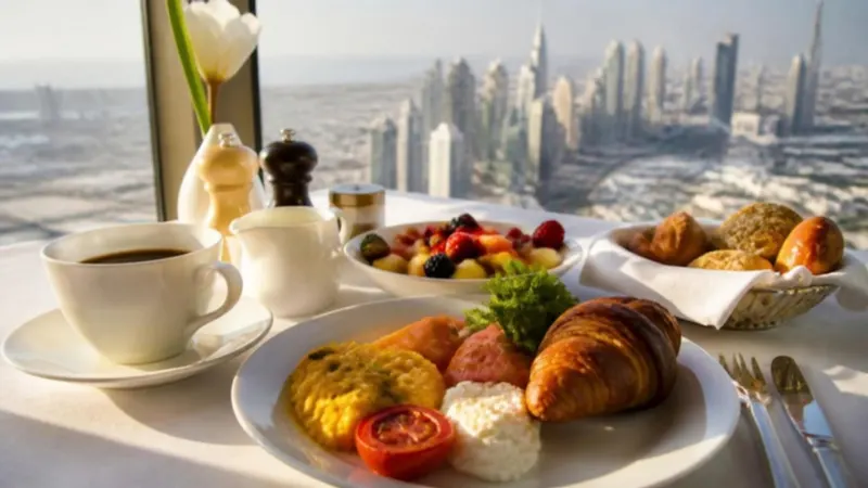 Illustration (generated image): breakfast with pastries and coffee by a window high above a city