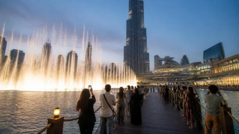 Illustration (generated image): visitors on a floating boardwalk watching a fountain show