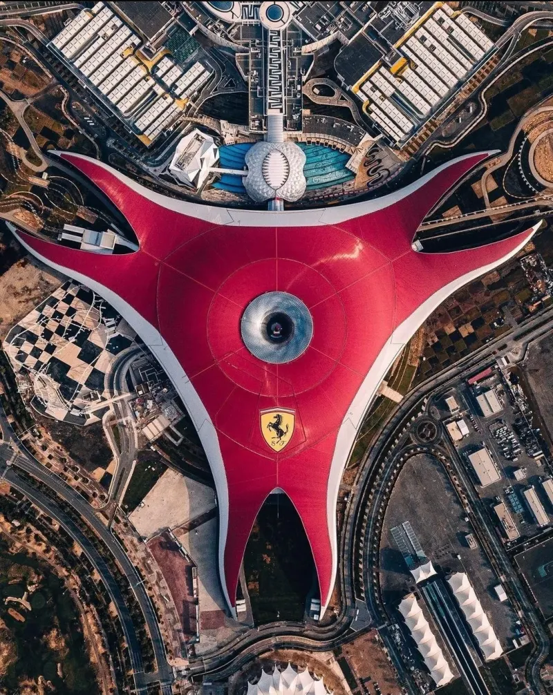 Red roof of Ferrari World Abu Dhabi seen from directly above