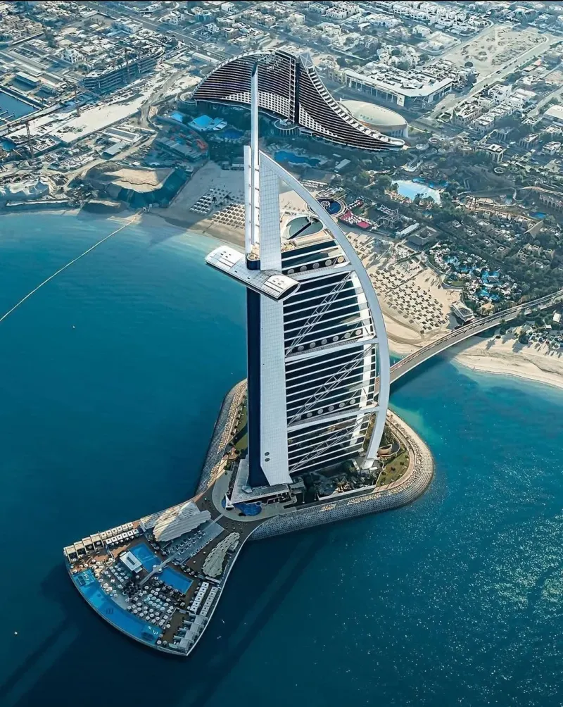 The Burj Al Arab on its island, seen from the air