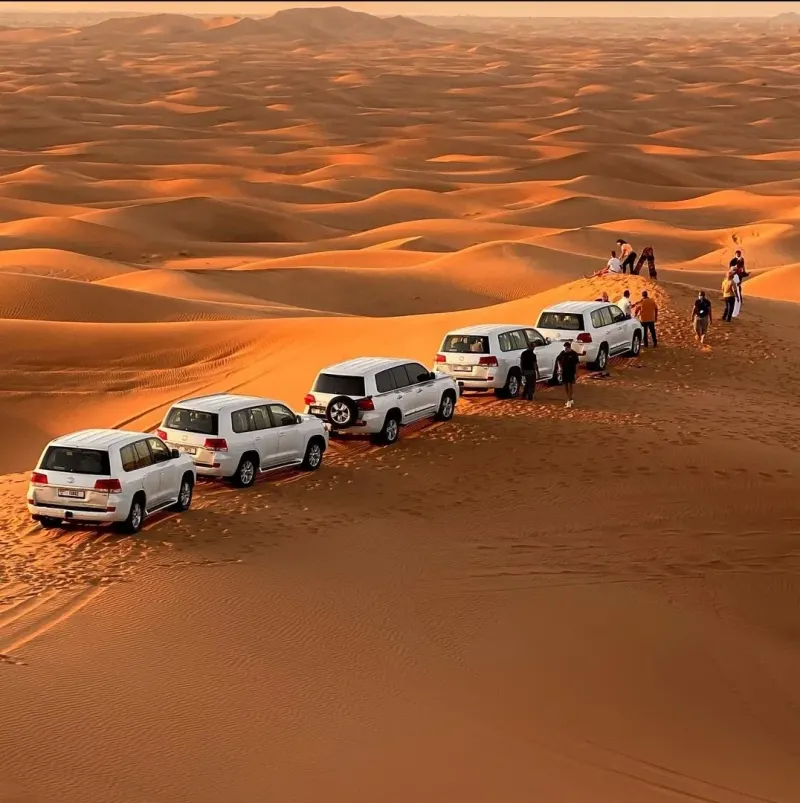 Convoy of white 4x4s on red desert dunes
