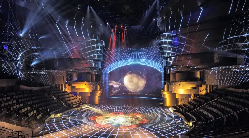 The La Perle aqua theatre with stage lighting