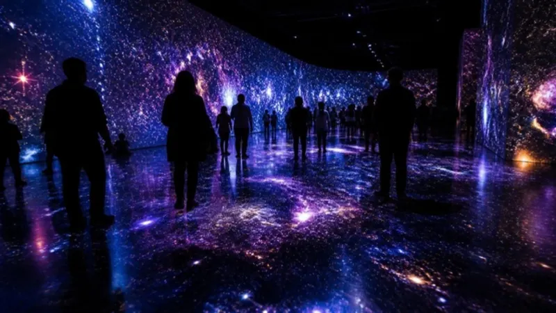 Illustration (generated image): visitors in a dark room full of light effects