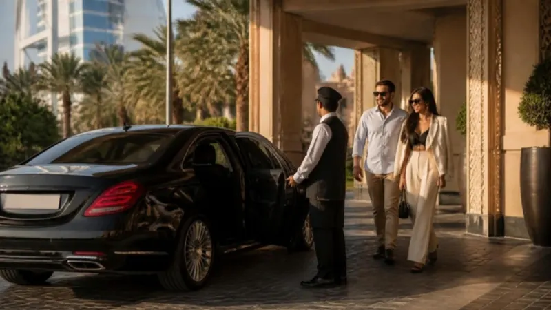 Illustration (generated image): a chauffeur opening a car door at a hotel entrance