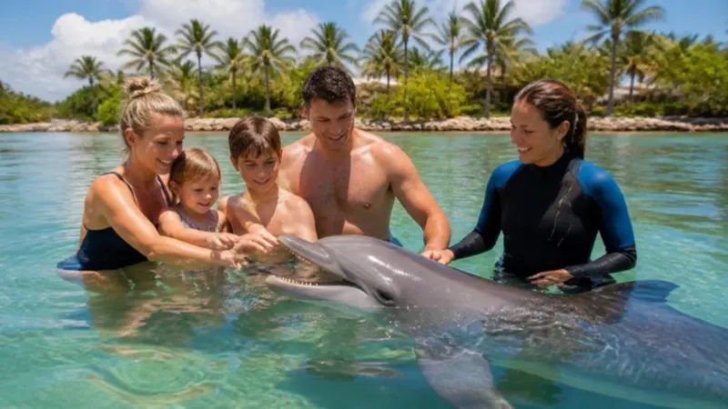 Illustration (generated image): a family meeting a dolphin in a lagoon