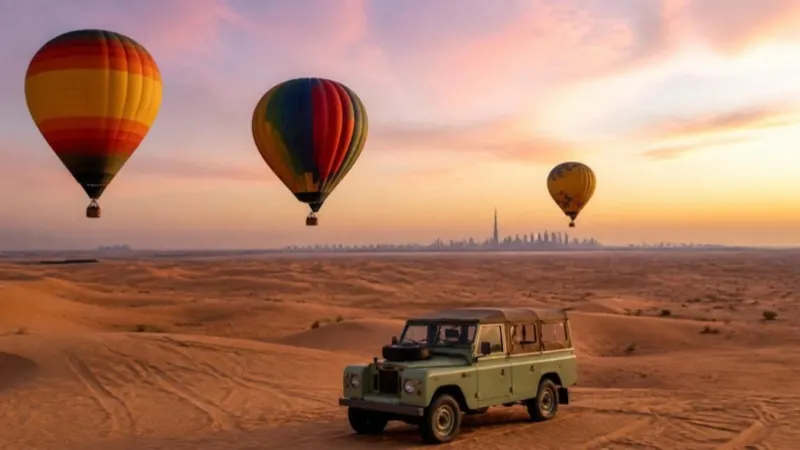 Illustration (generated image): hot-air balloons over the desert at sunrise