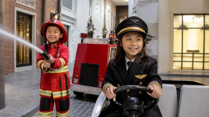 Illustration (generated image): children dressed as a firefighter and a pilot in a play city