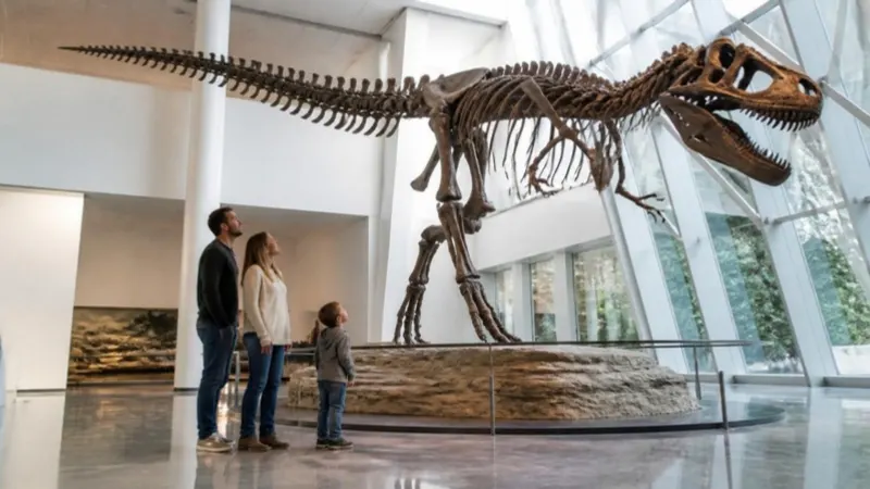 Illustration (generated image): a dinosaur skeleton in a museum hall