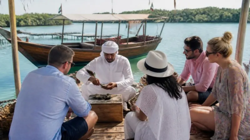 Illustration (generated image): guests watching an oyster being opened by a boat