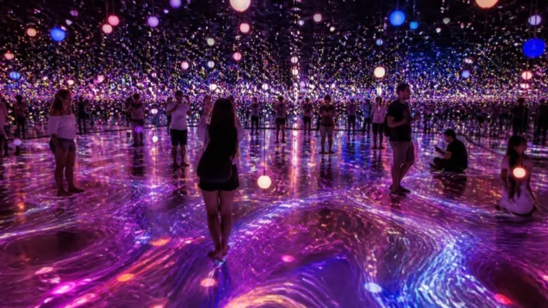 Illustration (generated image): visitors in an immersive room of coloured lights