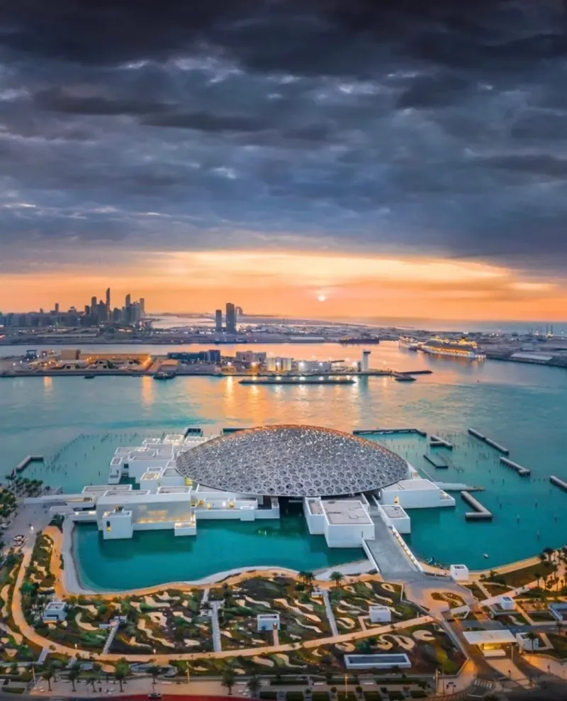 Louvre Abu Dhabi and its dome from above at sunset