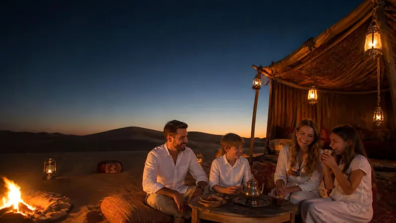 Illustration (generated image): a family having dinner by a campfire at a desert camp