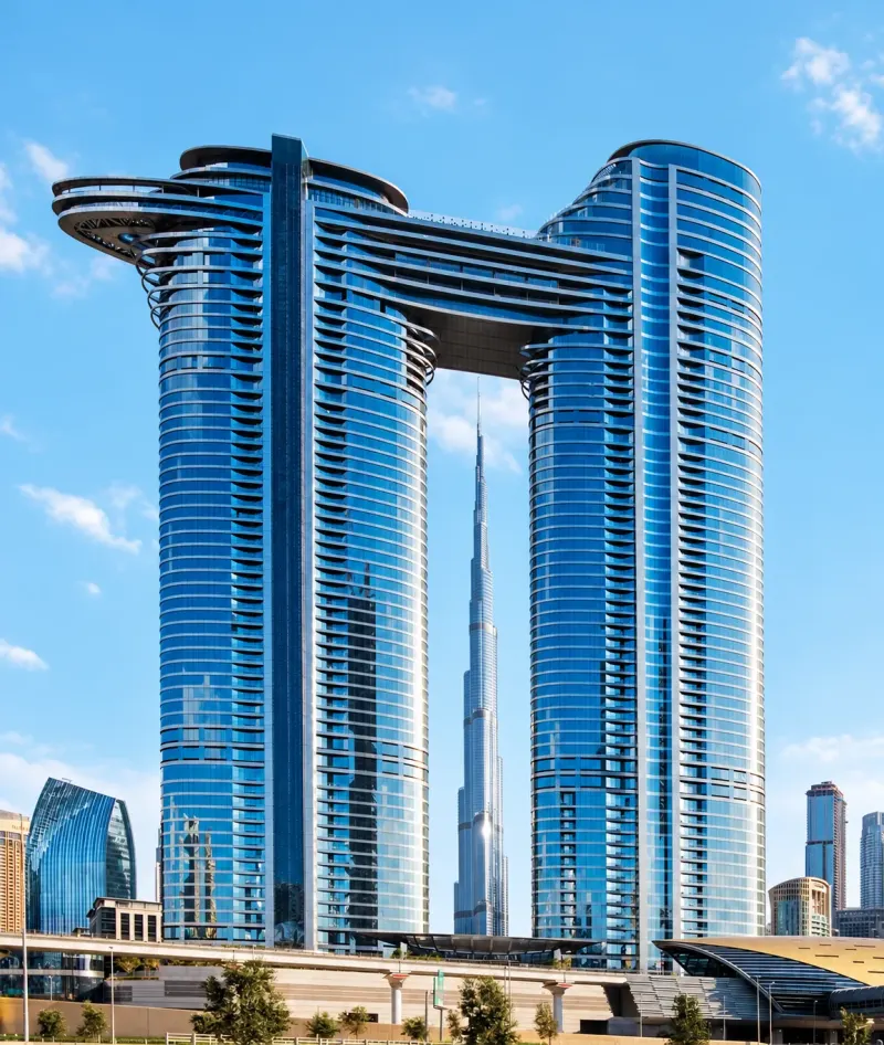 Address Sky View towers and their sky bridge, Burj Khalifa behind