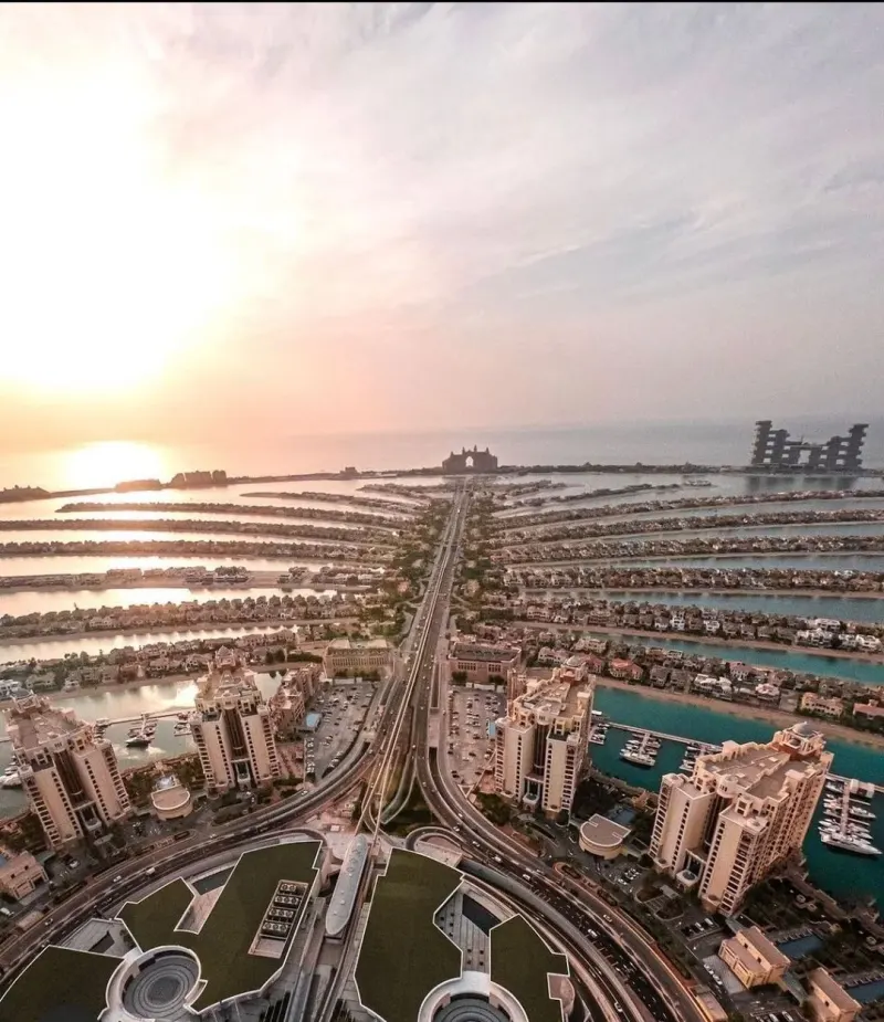 View down the Palm Jumeirah towards Atlantis at sunset